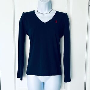 Ralph Lauren navy cotton v-neck long-sleeve top Size S